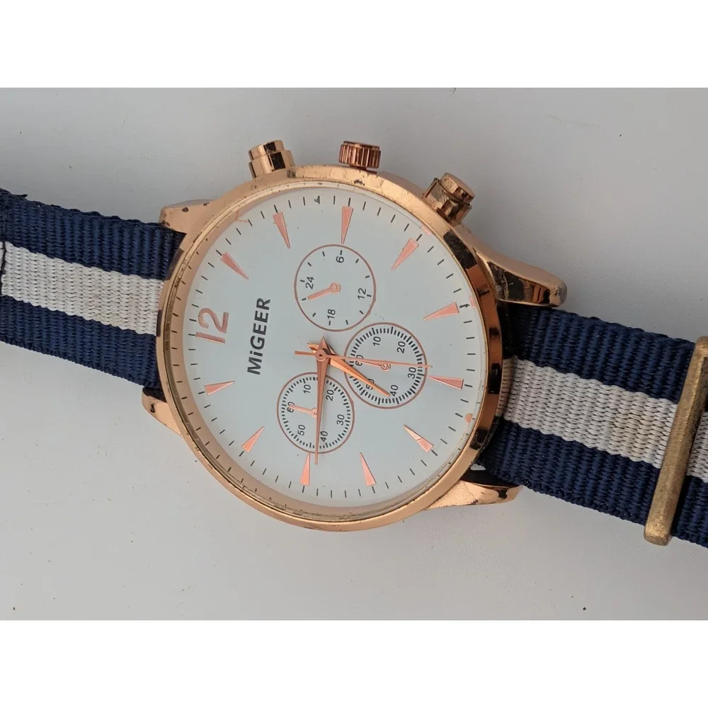 Migeer Watch Men 42mm Gold Case Blue/White Canvas Band- New Battery
